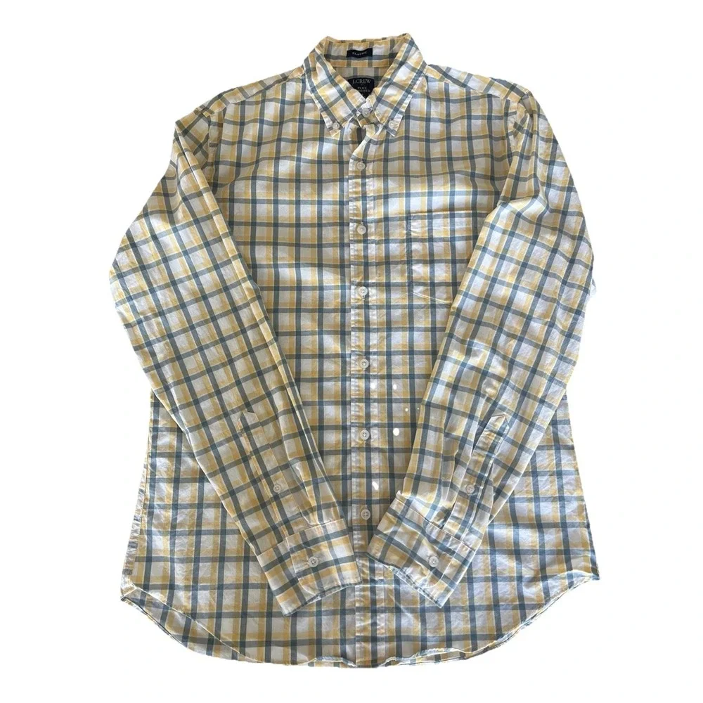 J Crew Shirt Mens Medium Yellow White Plaid Button Down Flex‎ Washed EUC